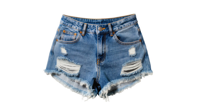 Distressed light blue denim shorts with frayed edges and ripped details