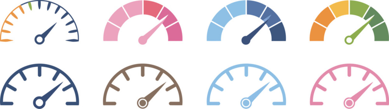 Speedometer Gauge Icon Set, Color Vector Illustration of Speed Indicator Measurement, Car Dashboard Dial Symbols for Performance Monitoring, Vehicle UI Design, Automotive Apps, and Technology Concepts