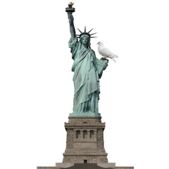 Fototapeta premium statue of liberty isolated on white, a statue of liberty with a bird on top of it with Statue of Liberty in the background.