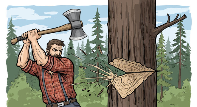 cartoon lumberjack chopping tree with axe in forest