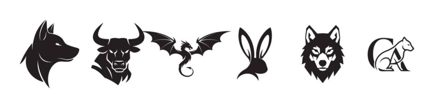 Black animal icons set including dog bull bat rabbit wolf and cat Vector