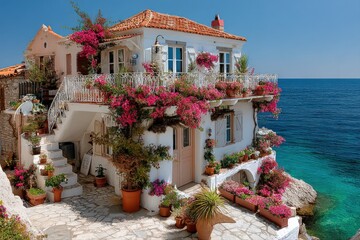 Obraz premium Charming Mediterranean Villa Adorned with Vibrant Pink Flowers Overlooking a Crystal Clear Azure Sea