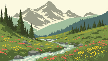 Serene mountain valley landscape with flowing stream and colorful wildflowers © Baby