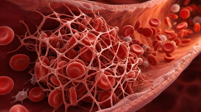 Red blood cell flow in artery vein with thrombosis fibrin clot,Medicine pathology stroke concept.