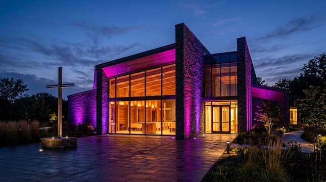 Modern church exterior is illuminated by vibrant purple and magenta lights. Large glass windows reveal a warm wooden interior at twilight.