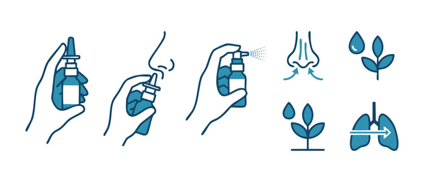 Nasal spray instruction icon set, medical procedure for cold and allergy treatment. Hand using saline sprayer to clear congestion, breathing, respiratory relief, flat blue line illustration vector