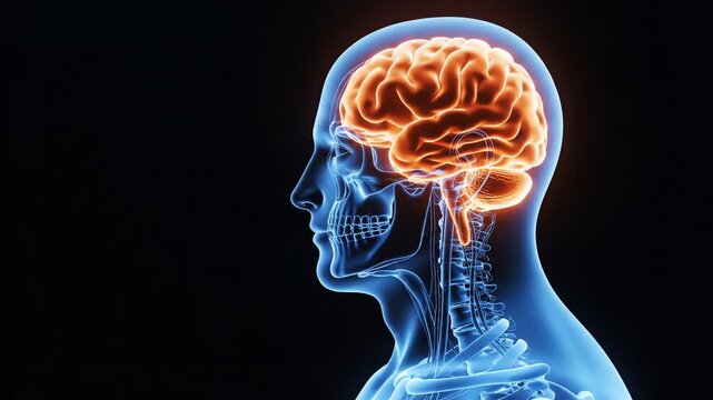 Detailed Medical Illustration of Human Brain and Nervous System in Side Profile View with Digital Rendering