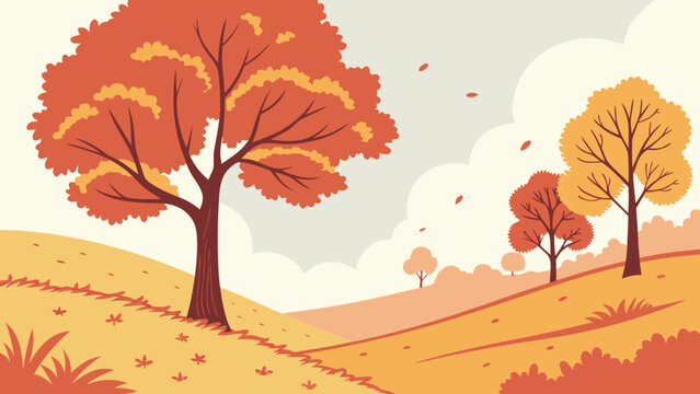 Peaceful autumn meadow landscape with trees and falling leaves graphic, seasonal