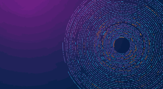 Vibrant abstract digital background showing circular data patterns, representing complex information flow, technology, and intricate networks on a gradient backdrop