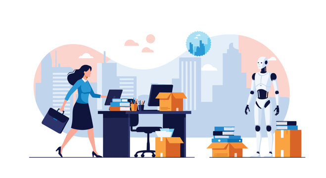 Modern businesswoman leaves her office with a briefcase while a robot stands at the desk representing automation and job loss.