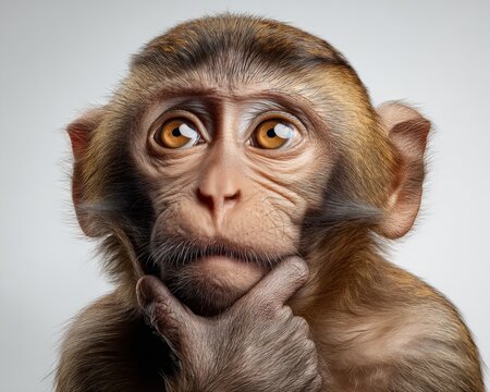Close-up portrait of a curious young macaque monkey with expressive eyes, deep in thought, studio lighting