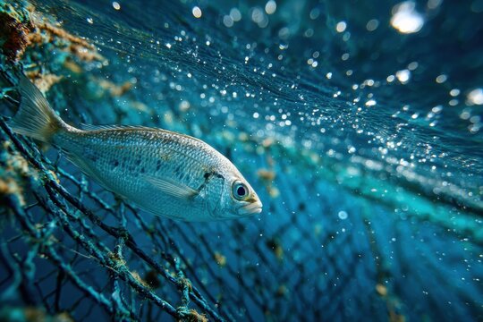 Silver Fish Caught in Fishing Net Underwater with Blue Ocean Bokeh Background