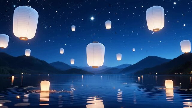White sky lanterns floating in night sky