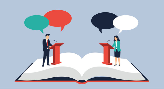Man and woman stand at podiums debating on top of a giant open book representing public speaking and educational discourse themes.