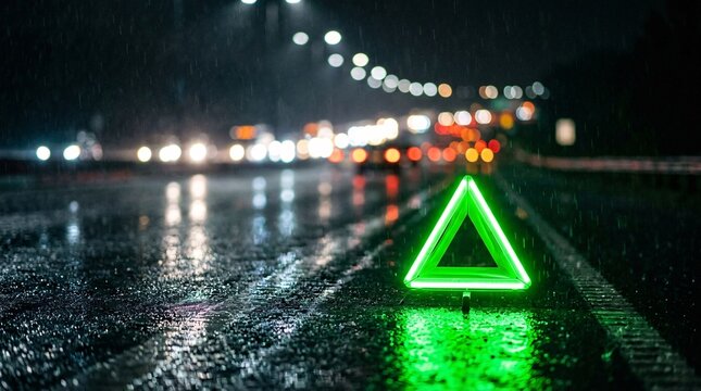Neon green warning triangle glows intensely on wet midnight asphalt. Blurred headlights create beautiful circular bokeh in the background.