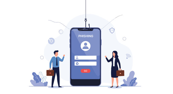 Man and woman stand near a giant smartphone with a phishing login screen and a hook representing cyber security threats and risks.