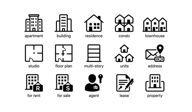 Real estate and property icons arranged in grid layout