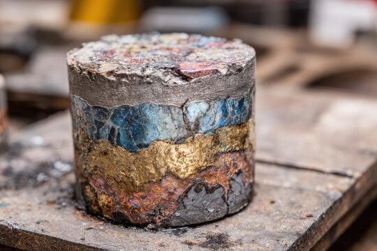 Colorful Geological Drill Core Sample with Blue Gold and Rust Mineral Layers