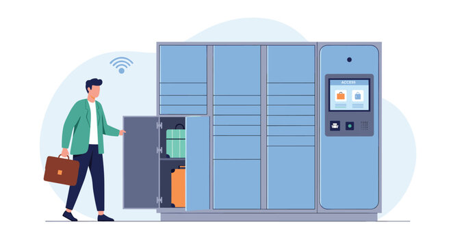 Traveler placing his suitcase into an automated smart locker system using a digital touch screen interface for secure luggage storage.