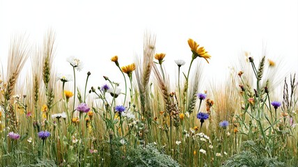 Fototapeta premium Vibrant Wildflower Meadow Border with Golden Wheat Stalks and Greenery on White Background