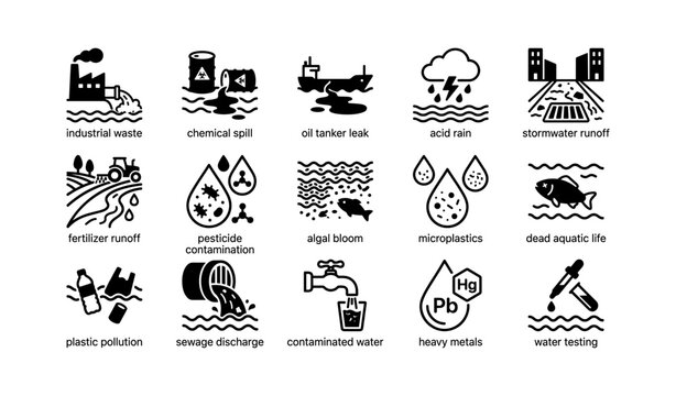 Water pollution and contamination icons arranged in grid layout