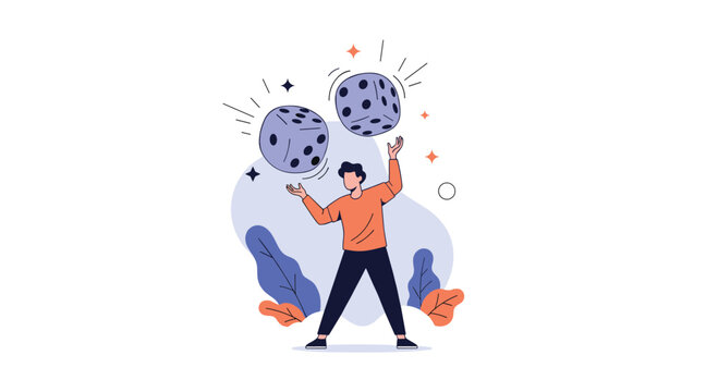 Enthusiastic man dressed in an orange shirt juggling two large purple dice to illustrate risk management and decision making concepts.