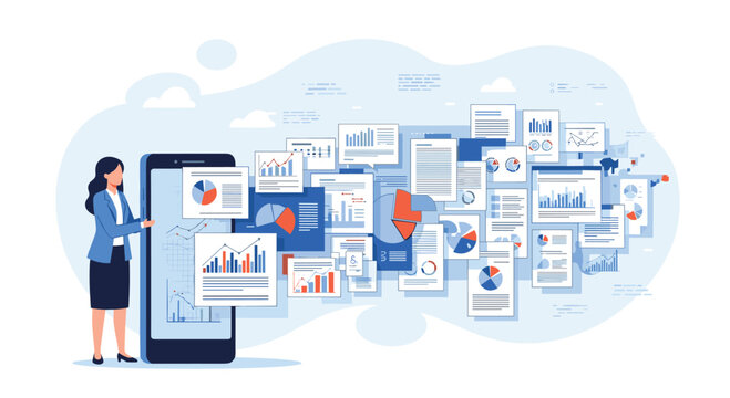 Businesswoman standing next to a large smartphone with numerous documents and data charts flying out into a cloud environment.