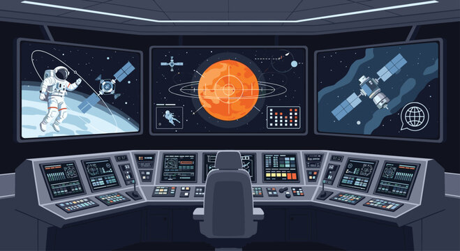 Futuristic space mission control room with advanced consoles and large screens displaying an astronaut, planet Mars, and satellites.