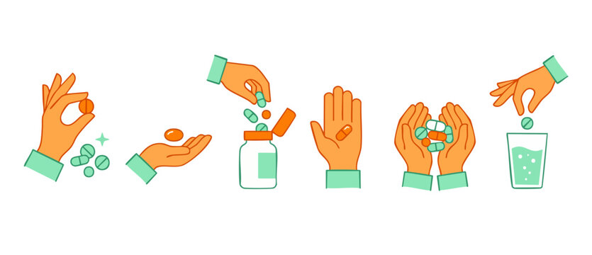 Hands holding medicine pills icons set for medical healthcare and pharmacy treatment concept, flat vector illustration showing daily vitamin dosage, prescription drugs, taking tablets with water glass
