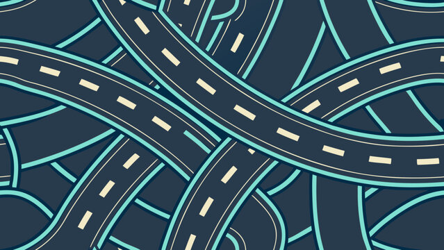 Futuristic road network with glowing neon lines in dark digital space