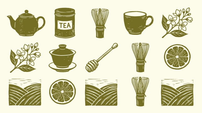 Tea culture linocut stamp set: organic green teapot, matcha whisk, and plantation landscape elements