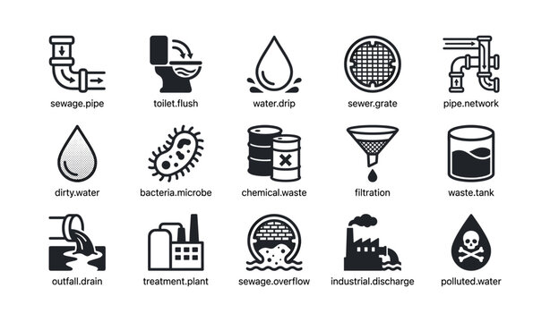 Water and sewage icons arranged in grid on white background