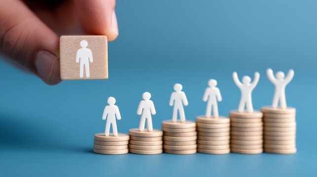 Balancing Act: Hand Adding Heavy Expense Block on Income Stack - Pressure Concept with Wooden Figures Reacting, Copy Space