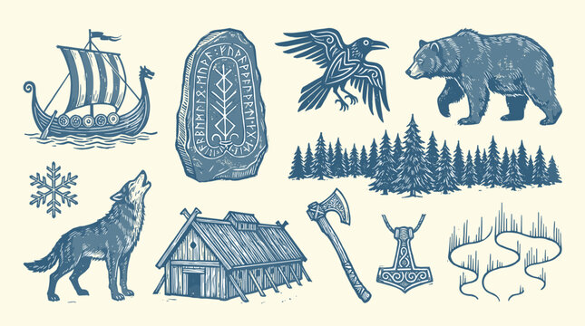 Scandinavian Folk Art Woodblock Print Set: Viking Ship, Norse Raven, Bear, and Rune Stones