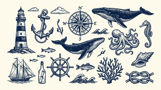 Nautical Woodblock Illustration Set: Lighthouse, Anchor, Whale, and Ocean Elements in Navy Blue