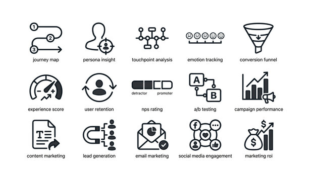 Marketing and user experience icons arranged in grid layout