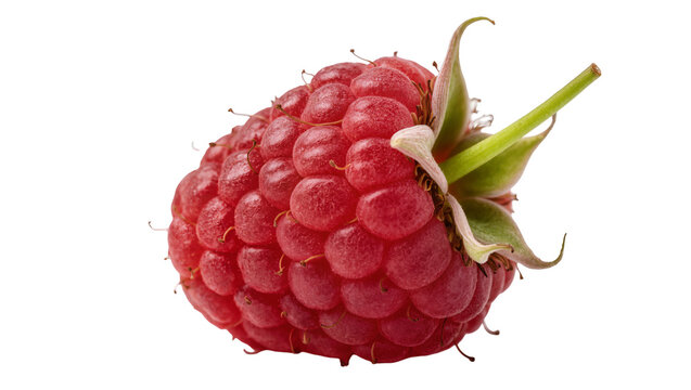 Ripe juicy red raspberry with green stem and sepals