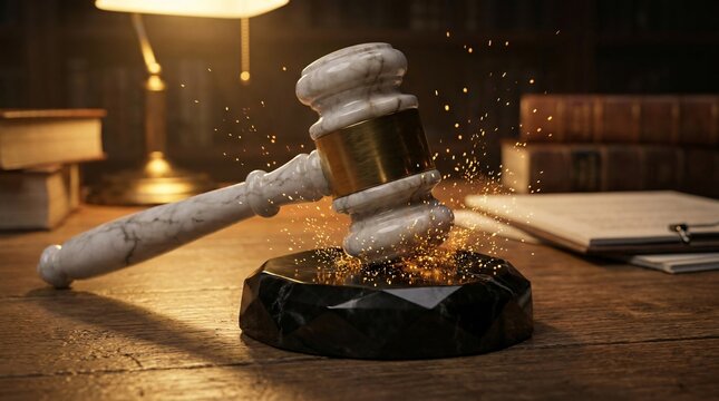 Polished white marble gavel strikes a dark obsidian block as golden sparks fly. Dramatic lighting illuminates the courtroom desk surface.