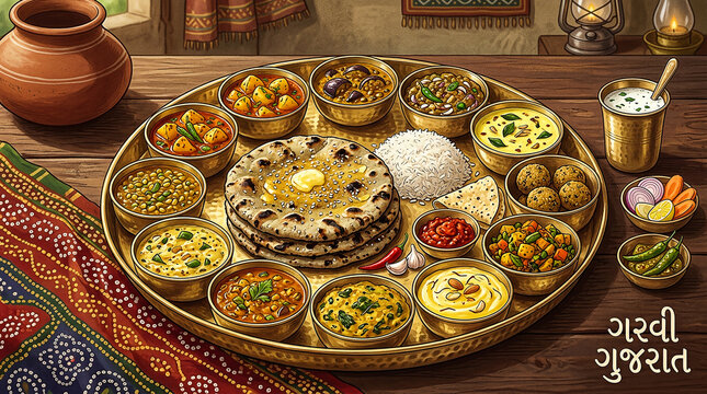 An authentic Gujarati Thali featuring a variety of traditional dishes like Rotli, Dal, Kadhi, and Shaak in brass bowls. A delicious tribute to the culinary heritage of Garavi Gujarat.