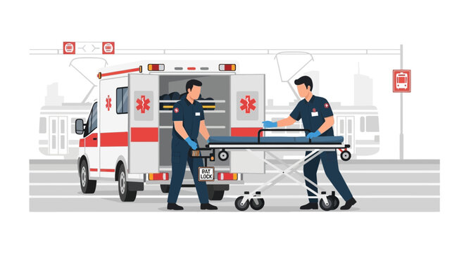 Paramedics Loading Stretcher into Ambulance, Emergency Medical Services, Healthcare Professionals
