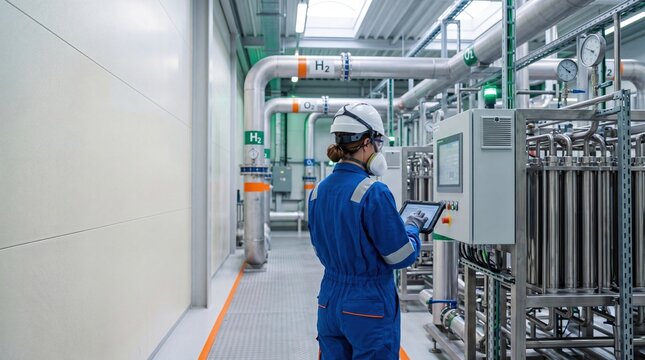 Female industrial engineer operating machinery in advanced factory inspecting digital tablet control panel