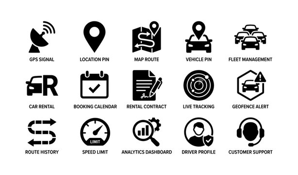 Fleet and gps icons illustrating navigation and rental features