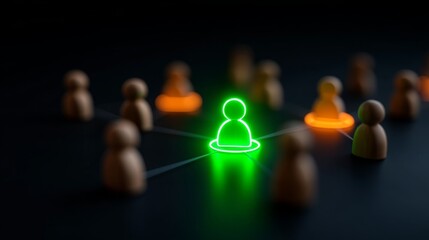 Obraz premium organizational network structure, decision making, leadership, strategy, Illuminated Collaboration: Network of Wooden People Icons with Neon Green Glowing Node on Blurred Background.