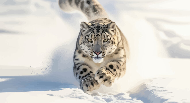 Dynamic snow leopard running through pristine white snow, showcasing its incredible agility and raw power in its natural, cold mountain habitat