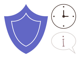 Data security, time management, information flow, online safety, communication, digital reliability. Purple shield, clock and information icon on a white background. Data security and time © robu_s