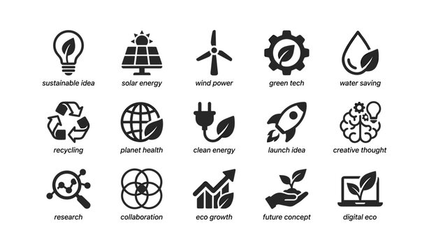 Sustainability icons showing renewable energy and eco symbols