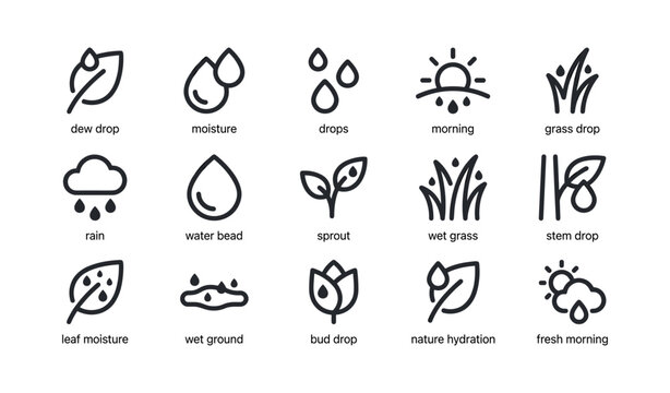 Water and moisture icons depicting droplets on white background