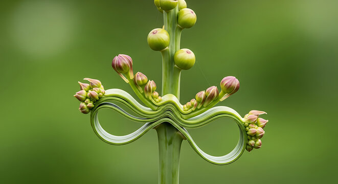 Fasciation in an allium flower stalk showing a unique infinity loop growth pattern with developing buds against a blurred green background