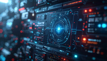 Fototapeta premium Cybernetic Interface: Intricate details of a futuristic cybernetic interface, glowing with neon lights, suggesting advanced technological capabilities. 