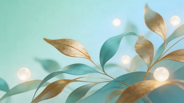 Golden and teal leaves with glowing orbs